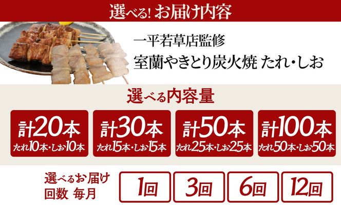 一平若草店監修 室蘭やきとり 炭火たれ焼き・しお焼き 【選べる内容量・回数】計20～100本 1回 / 3ヶ月 / 6ヶ月 / 12ヶ月 MROA080-v