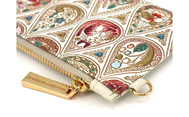 【文庫屋大関】すっきりカードケース　花と猫＜ローズ＞【皮革工芸品】 ファッション小物 雑貨 フラグメントケース 小銭入れ付き 収納 スマート 日本製 花柄 ねこ ネコ 