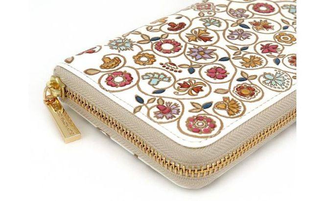 【文庫屋大関】 大容量　ぐるっとファスナーの長財布　金唐小花【皮革工芸品】 ファッション小物 民芸品 