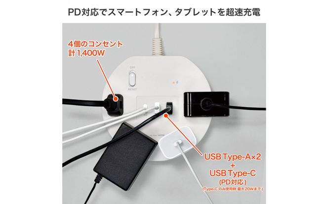 丸形ＵＳＢタップ４個口ＰＤ２０Ｗ　WLS-R4322BUC(W) 272183_AZ222