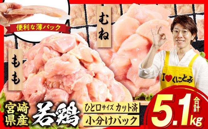 宮崎県産若鶏切身5.1kg 鶏肉 お肉 肉 とり肉 もも肉 むね肉 国産 おかず 小分け カット済み パック ストック 便利 普段使い