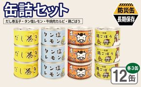 020C581 缶詰4種12缶セット（だし巻き玉子缶詰/タン塩レモン缶詰/牛焼肉カルビ缶詰/鶏ごぼう缶詰） 各3缶【おかず おつまみ 弁当 防災 備蓄 非常食 防災缶 長期保存 】