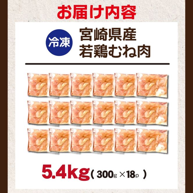 宮崎県産若鶏むね肉カット 5.4kg（300g×18P）国産 鶏肉 若鶏 モモ カット済み 小分け 唐揚げ 大容量 冷凍