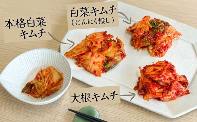 3種キムチ詰め合わせ （本格白菜キムチ・にんにく無し白菜キムチ・大根キムチ） 計6P（3種×2P） 食べ比べ 手作り 無添加 本格 発酵食品 健康食品 キムチ 白菜 大根 漬物 H147-006