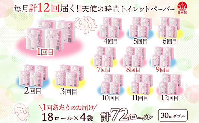 定期便 12ヶ月 連続12回 トイレットペーパー 30m ダブル 18ロール×4袋 計72ロール 天使の時間 紙 ペーパー 日用品 消耗品 再生紙 無香料 厚手 備蓄 まとめ買い 防災 送料無料 川一製紙 岐阜県 美濃市