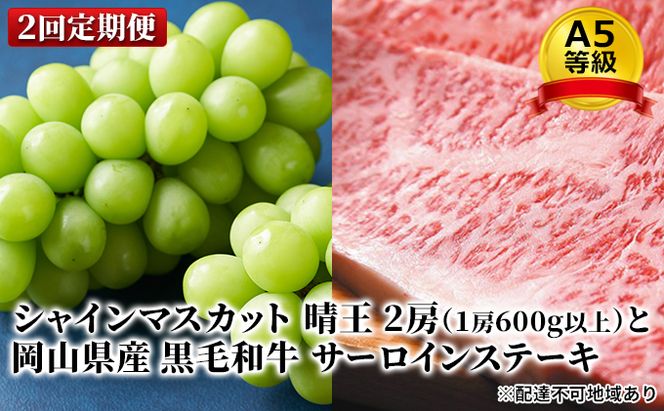 フルーツ 肉 2026年 晴れの国 おかやま シャイン マスカット 晴王 2房 と A5等級 黒毛 和牛 サーロイン ステーキ 2回 定期便 果物 お肉 