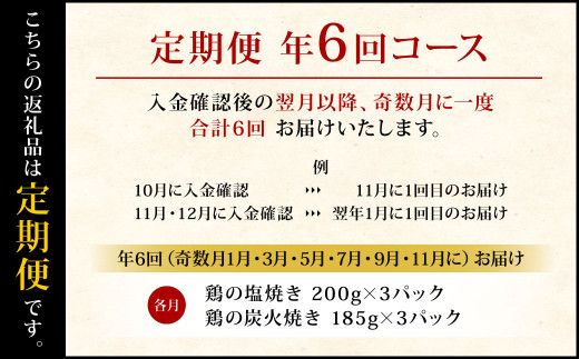 【年6回定期便】鶏の塩焼き・炭火焼 食べ比べ セット 約1.1kg（各3パック）×6回