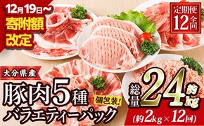 ＜定期便・全12回 (連続)＞ 豚肉 バラエティーパック (総量24kg・5種) 豚バラ しゃぶしゃぶ 鍋 とんかつ ロース 小分け 個包装 豚こま 小間切れ スライス ミンチ セット 詰め合わせ 冷凍 食べ比べ 国産 大分県 佐伯市【BD323】【西日本畜産】