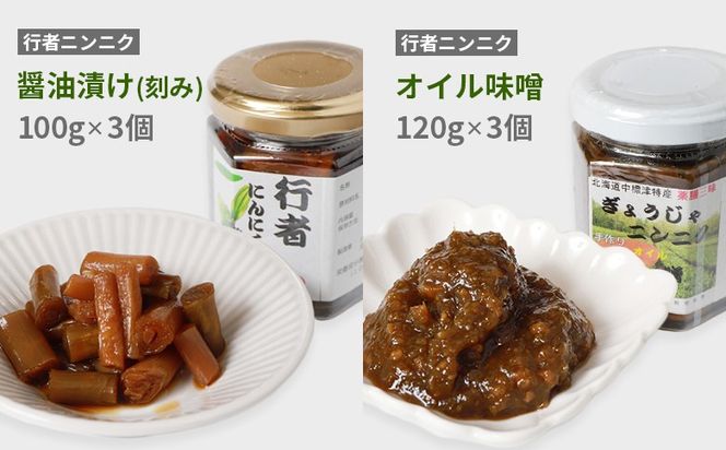 行者ニンニク 醤油漬 オイル味噌 各3個 セット オンライン 申請 ふるさと納税 北海道 中標津 行者にんにく しょうゆ漬 味噌 幻の山菜 山菜 山の幸 野菜 万能 調味料 瓶詰 疲労回復 健康効果 長寿 体力増強 ご飯のお供 お酒のあて 中標津町【20003】