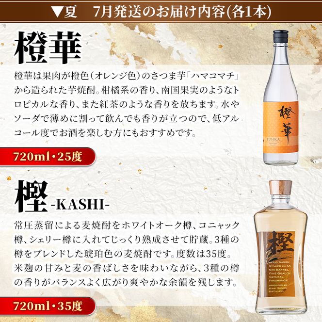 ＜定期便・全4回(4月・7月・10月・1月)＞鹿児島本格芋焼酎や麦焼酎(合計8本・各2本×4回)黄麹鶴見 緋扇 橙華 樫 白濁鶴見 かぶと莫祢氏 かぶと鶴見 鶴見 酒 お酒 アルコール 水割り ソーダ割 ロック【大石酒造】akn038-27