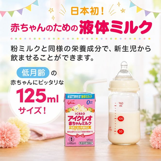 赤ちゃん ミルク アイクレオ 125ml×18本 紙パック 液体ミルク 乳児用 新生児 乳製品 グリコ （  ベビー 常温 母乳に近い栄養成分 母乳代用品 そのまま飲める 母乳 成長 発育 健康 防災 災害 プレゼント 人気 おすすめ ） 福岡県朝倉市 