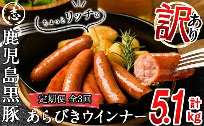 【定期便全3回】2ヶ月に1回お届け！訳あり・業務用！鹿児島黒豚あらびきウインナー計5.1kg（850g×2袋×3回）t0033-012