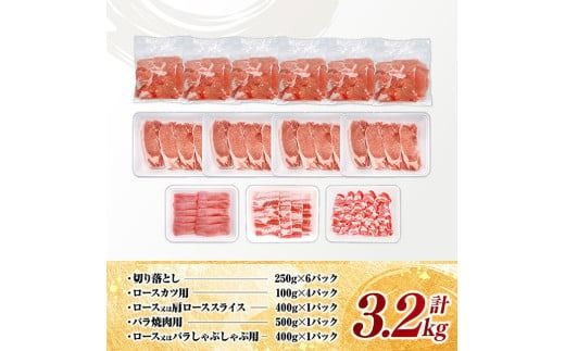 宮崎県産豚肉5種　3.2kg 【 豚肉 ぶた肉 肉 ロース バラ 切り落とし ミンチ 焼肉用 しゃぶしゃぶ 豚肉セット 】[D11622]