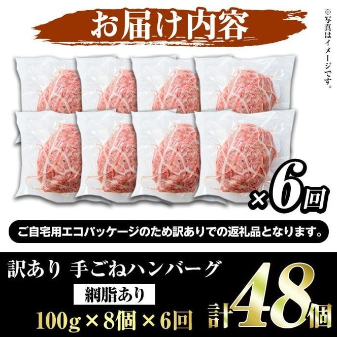 ＜定期便・全6回(隔月)＞＜訳あり＞鹿児島県産黒毛和牛！手ごねハンバーグ(合計48個・100g×8個×6回) 国産 牛肉 小分け おかず 惣菜 個包装 ご自宅用 エコパッケージ 冷凍ハンバーグ【スーパーよしだ】akn058-19