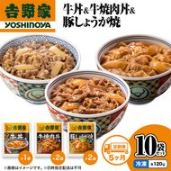 【定期便 5か月】吉野家 牛丼&牛焼肉丼&豚しょうが焼 10袋セット（冷凍） 牛丼 レトルト 非常食 防災食 お楽しみ 新潟