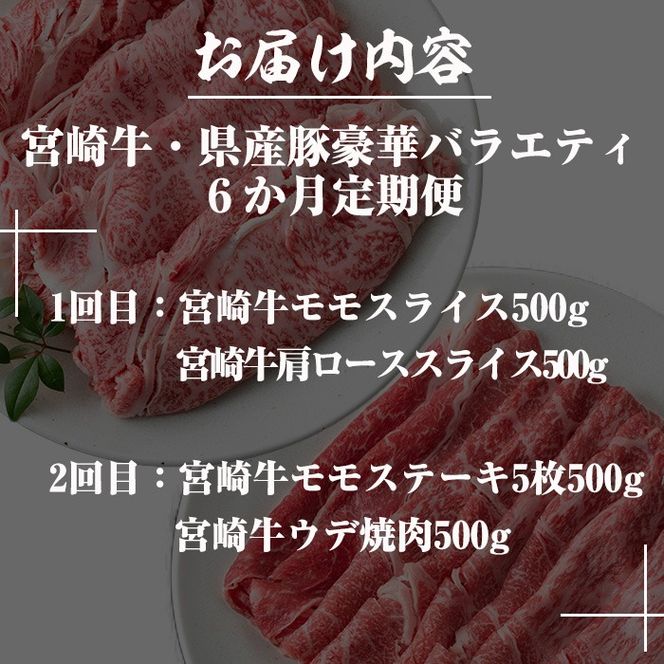 【定期便・全6回(連続)】宮崎牛・県産豚豪華バラエティ定期便 お肉 豚肉 牛肉 黒毛和牛 ブランド和牛 冷凍 国産 しゃぶしゃぶ すき焼き 焼肉 BBQ ロース ウデ モモ 赤身 食べ比べ 【R-99】【ミヤチク】