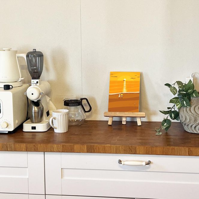 湘南・茅ヶ崎で描く、海を感じるイラストアート 『 湘南ランドスケープ07：夕焼け、光の道 』　キャンバスアートパネル（小） /絵画 風景 犬 猫