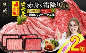 畜産農家応援! 宮崎牛スライス2種セット500g×4パック+豚肉ハンバーグ100g×4個_32-N201-ESH