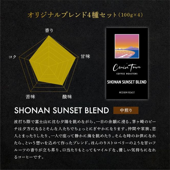 6ヵ月定期便【茅ヶ崎のスペシャルティコーヒー専門ロースター】CRUISE TOWN COFFEE ROASTERS オリジナルブレンド4種セット（100g×4） コーヒー豆 飲み物 飲料 ドリンク コーヒーブレイク 飲み比べ 