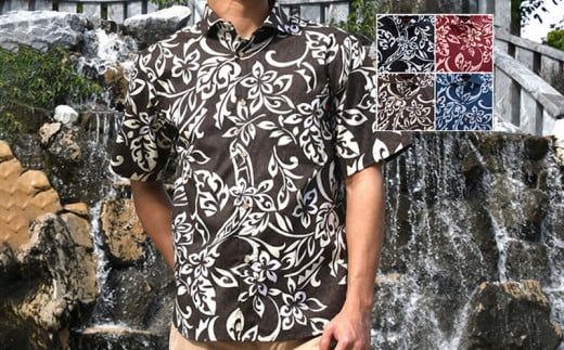 紳士用かりゆしウェア プルメリアトライバル柄Mサイズ×エンジ