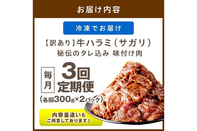 【定期便】【訳あり】牛ハラミ（サガリ） 秘伝のタレ込み 味付け肉 600g（300g×2パック）【定期便 毎月×3回】　YK00470