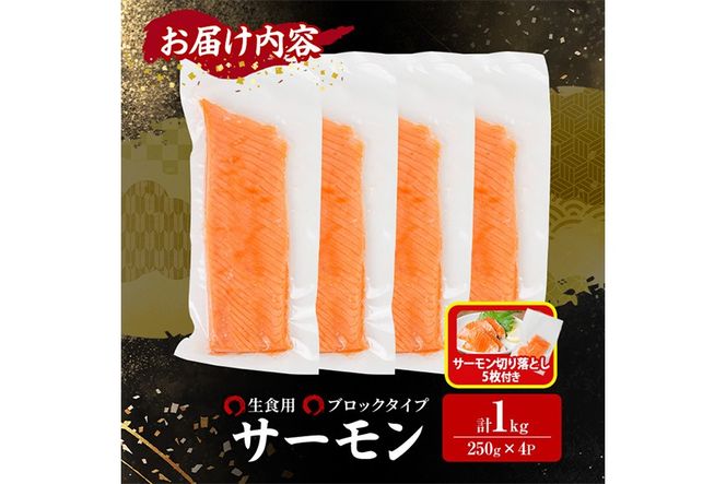 生活応援 サーモン切り落とし5枚付き！生食用 サーモン ブロック(計1kg・250g×4P) 鮭 小分け 真空 パック 冷凍 刺身 シャケ サケ 魚 魚介 【AW-100】【丸正水産】