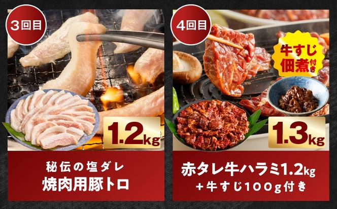 099Z575 わくわくお肉定期便 全6回 合計7kg【ハラミ 牛たん 豚トロ 焼肉 BBQ やきにく ファミリー 定期便】