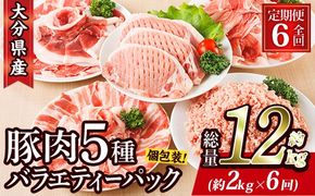 ＜定期便・全6回 (毎月)＞ 豚肉 バラエティーパック (2kg×6回・総量12kg) 豚バラ しゃぶしゃぶ 鍋 とんかつ ロース 小分け 個包装 豚こま 小間切れ スライス ミンチ 5種 セット 詰め合わせ 冷凍 食べ比べ 国産 大分県 佐伯市【BD322】【西日本畜産】