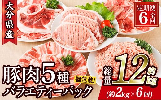 ＜定期便・全6回 (毎月)＞ 豚肉 バラエティーパック (2kg×6回・総量12kg) 豚バラ しゃぶしゃぶ 鍋 とんかつ ロース 小分け 個包装 豚こま 小間切れ スライス ミンチ 5種 セット 詰め合わせ 冷凍 食べ比べ 国産 大分県 佐伯市【BD322】【西日本畜産】