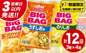 【最短3営業日！スピード発送】 カルビー ポテトチップス BIGBAG 157g 3種 各4袋セット (計 12袋 ) うすしお ・ のりしお ・ コンソメパンチ ポテチ お菓子 おかし 大量 スナック おつまみ ジャガイモ じゃがいも まとめ買い 数量限定