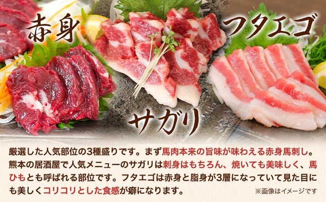 3種の馬刺し 赤身 フタエゴ サガリ 300g 各100g 醤油付き 5ml×2袋 南阿蘇食品《30日以内に出荷予定(土日祝除く)》熊本県 南阿蘇村 馬肉 馬刺し 熊本県産 国産---sms_fmassansyu_30d_24_15500_300g---