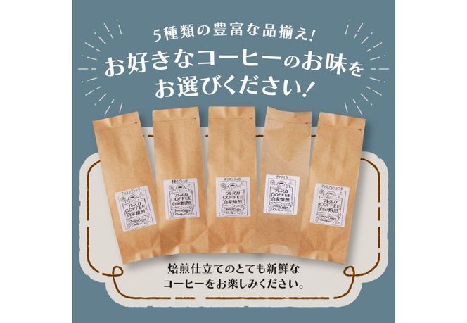 【メール便発送】フレスカ特注 5種から選べるお好みコーヒー 100ｇ（粉） 飲み比べ コーヒー 粉 自家焙煎 セット フレスカ 山梨 富士吉田