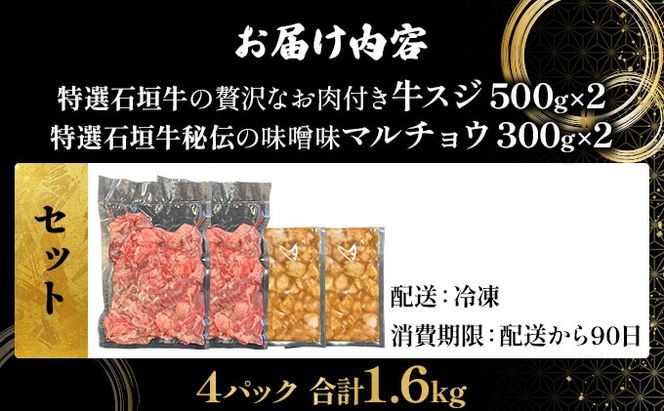 【2025年11月以降順次発送】特選石垣牛の牛スジと秘伝の味噌味マルチョウをご家庭で！！牛スジ500g×2、味噌味マルチョウ300ｇ×2のセット