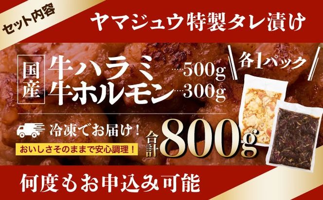 ヤマジュウの特選タレ漬け！牛ハラミ肉５００g＆国産牛ホルモン３００ｇ　yj065