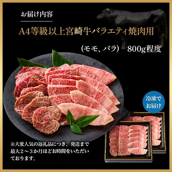 【西ノ原牧場直送】大人気！A4等級以上宮崎牛バラエティ焼肉用 800g（国産 国産牛 肉 牛肉 宮崎牛 黒毛和牛 お肉 ロース 焼肉 内閣総理大臣賞4大会連続受賞 特別提供）