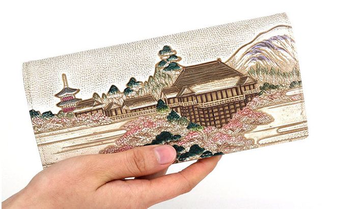 【文庫屋大関】スッキリ大人の財布　束入れ　浮世絵　清水寺【皮革工芸品】 ファッション小物 手作業 手塗 