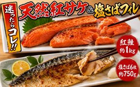  迷ったらコレ！！魚鶴商店の天然紅サケ1kg & 塩さばフィレ6枚セット / サバ 塩サバ 冷凍 切り身 サケ 鮭 ※離島への配送不可【uot744B-1】