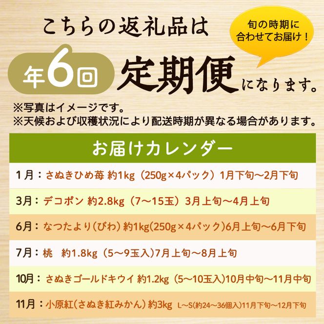 讃岐のフルーツ6回定期便【B】【さぬきひめ苺】【デコポン】【なつたより(びわ)】【桃】【さぬきゴールドキウイ】【小原紅(さぬき紅みかん)】