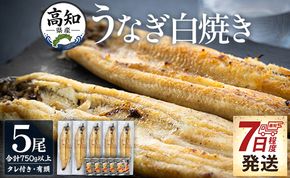 白焼き うなぎ 高知県産うなぎの白焼き 5尾 合計750g以上（1尾150～180g） 早い スピード発送 7日程度 早く届く スピード配送タレ付き エコ包装 - 鰻 ウナギ 内祝い 美味しい おいしい おとりよせ お取り寄せ グルメ 晩酌 yw-0117