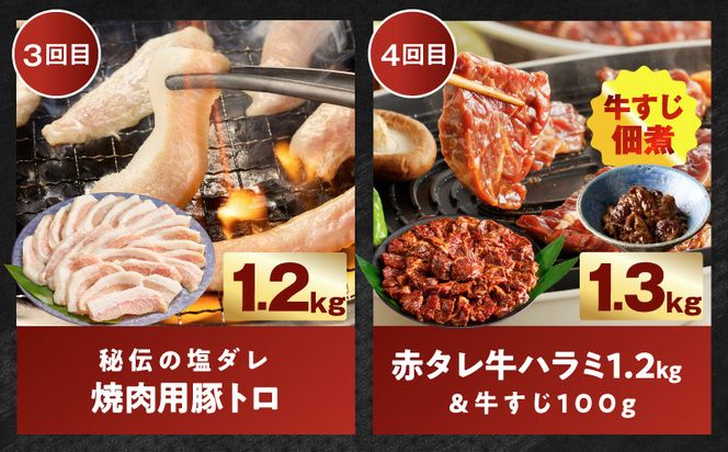 G4752 わくわくお肉定期便 全6回 合計7kg【ハラミ 牛たん 豚トロ 焼肉 BBQ やきにく ファミリー 定期便】