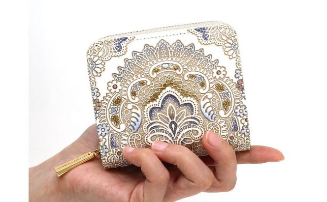 【文庫屋大関】二つ折りファスナーミニ財布 アンティークレース＜ビオラ＞【皮革工芸品】財布 二つ折り 小物 お札 カード 小銭 コンパクト 牛革 手作り 日本製 墨田区 東京都