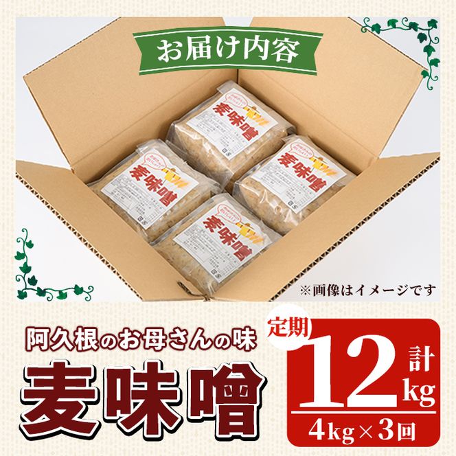 ＜定期便・全3回＞ お母さんのおいしい麦味噌 (計12kg・4kg×3回) みそ 調味料 味噌 みそ汁 手作り 味噌汁 お味噌汁 朝ごはん ミソ 小分け 母の味 定期便 【阿久根市生活研究グループ】akn072-05