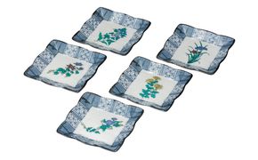 九谷焼　4.2号皿揃　草花絵変り （5枚セット）a01 食器 キッチン雑貨 キッチンアイテム 雑貨 小物 お皿 角皿 食卓 テーブルコーディネート 贈り物 普段使い 