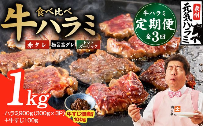 099Z585 【食べ比べ定期便】牛ハラミ 1kg×全3回【牛肉 はらみ 小分け 焼肉 お弁当 BBQ 訳あり ワケアリ わけあり サイズ不揃い 規格外 TVで話題】