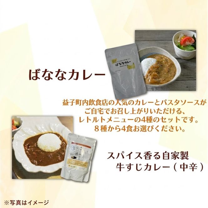 益子のレトルトメニュー　選べる4種セット｜栃木県 益子町 ふるさと納税 カレー レトルトカレー パスタソース 詰め合わせ セット 道の駅 人気 手作り（AA023）