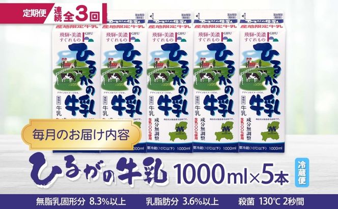定期便 3ヵ月連続 全3回 ひるがの 牛乳 1000ml 5本セット 成分無調整 岐阜県産 生乳100％使用 種類別牛乳 産地指定 酪農家指定 ミルク 1リットル パック 送料無料 美濃酪連 岐阜県 美濃市