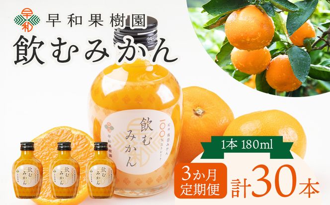 【数量限定 TVで何度も放映！】【定期便3か月】 飲むみかん 180ml×30本 早和果樹園 ｜ 果汁100％ストレートみかんジュース 和歌山県 有田市 （A1254-1）