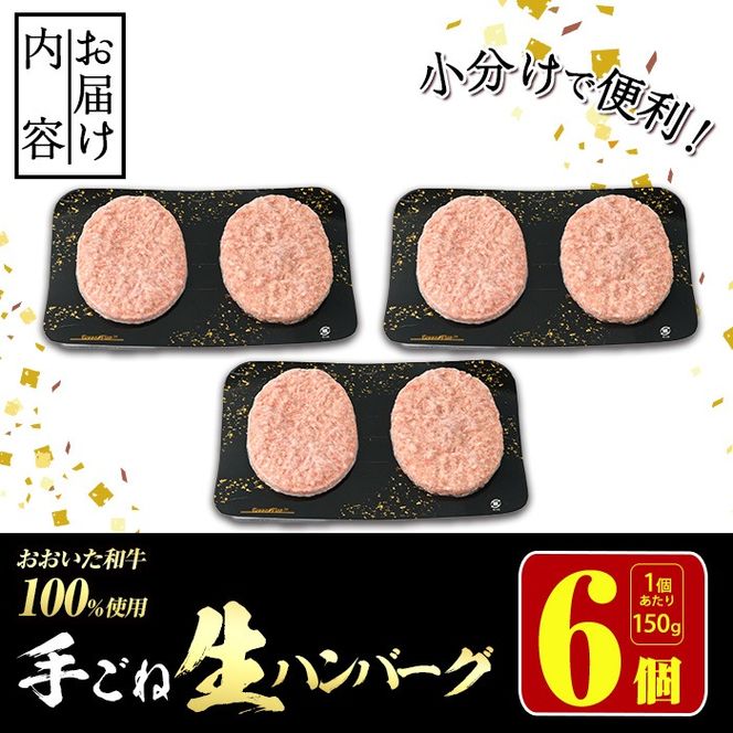 おおいた和牛 100% 手ごね 生ハンバーグ (計900g・150g×6個) 国産 牛肉 肉 霜降り A4 和牛 ブランド牛 冷凍 大分県 佐伯市【DH267】【(株)ネクサ】