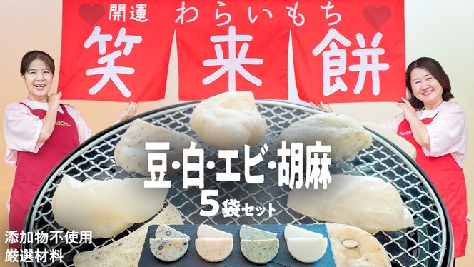 【お正月用】笑来餅 5個 セット（豆2、白、エビ、胡麻） 餅 もち もち米 豆餅 落花生 エビ [EP007ci]
