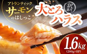099H5087 訳あり 総量1.6kg! アトランティックサーモンの大とろハラス 200g×8P 小分け 鮭ハラス 腹ヒレ肉 昆布塩加工 はしっこ